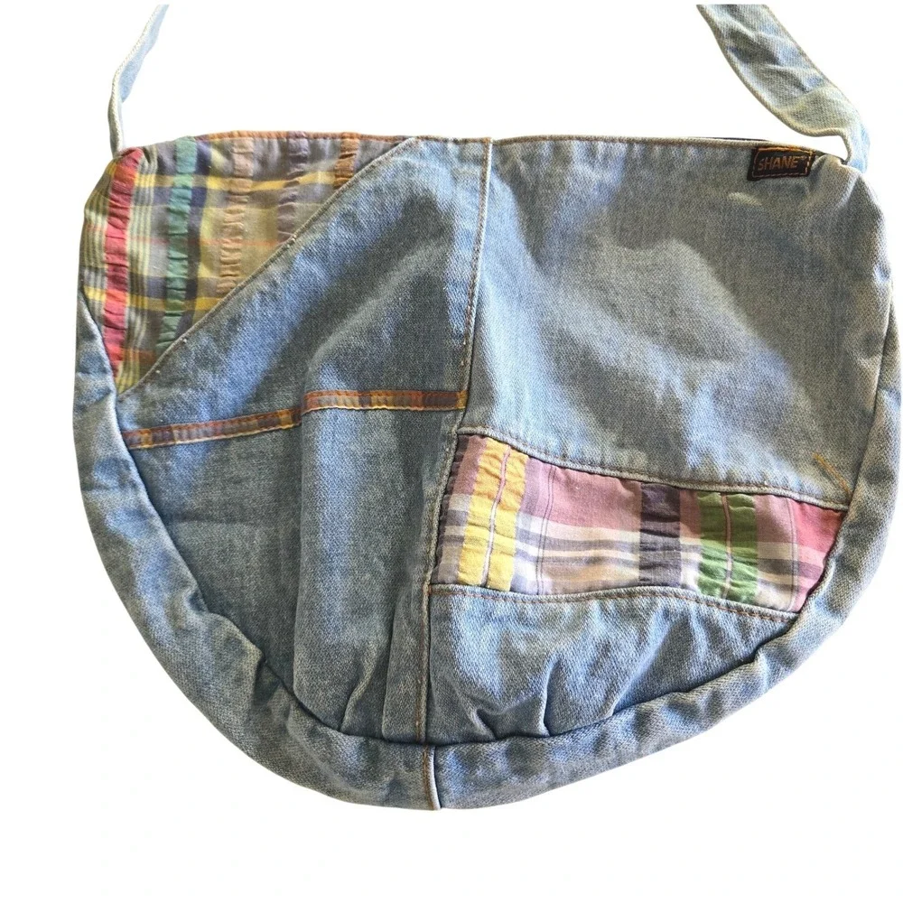 Vintage Shane Denim Shoulder Bag Plaid Patchwork Hobo Messenger Y2K Boho Purse